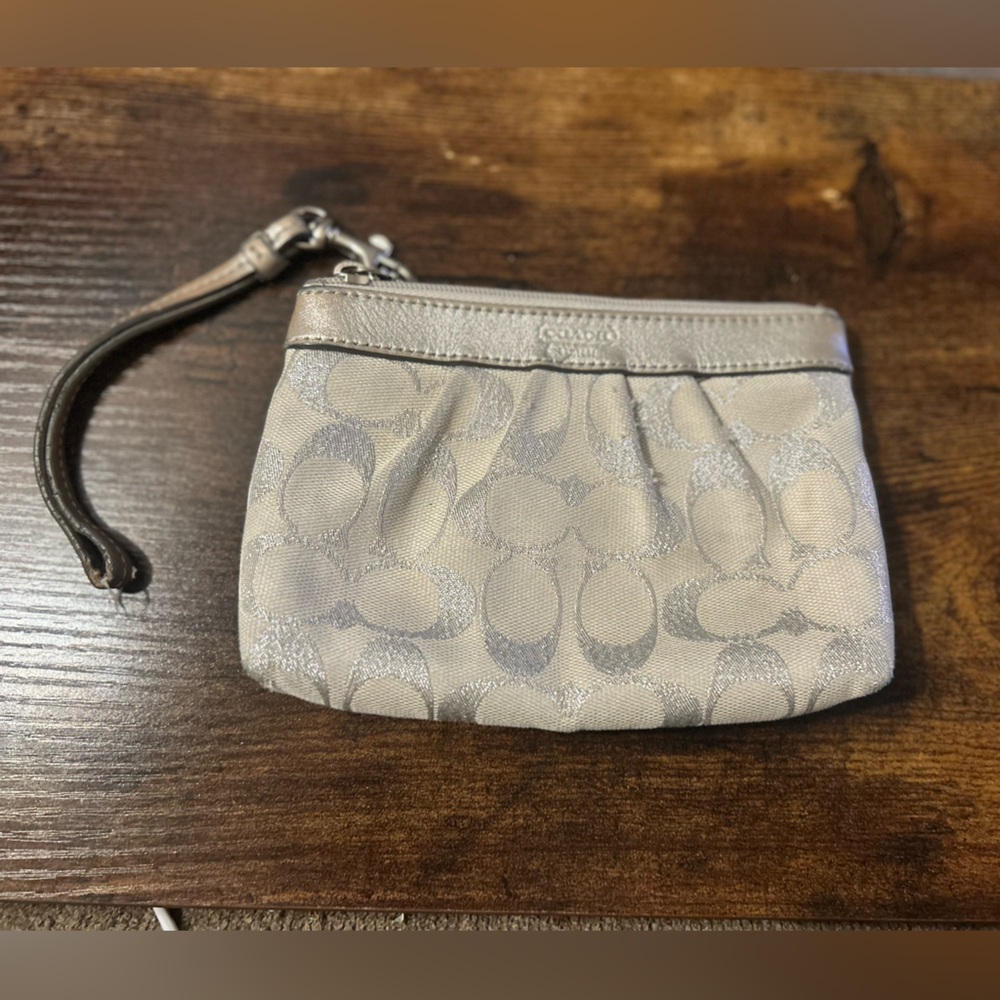 Coach Metallic Silver and Cream Signature Wristlet